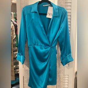 Zara Blue Satin Short Dress size M - front wrap dress, NWT